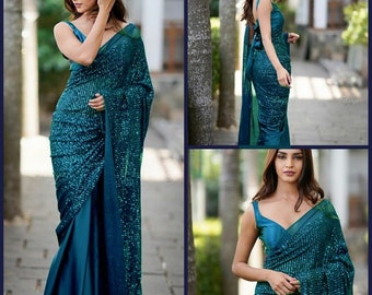 MANISH MALHOTRA Dazzling Heavy Sequins COCKTAIL Georgette Satin Saree for Wedding Partywear Bollywood Trendy Style. 1 minute saree