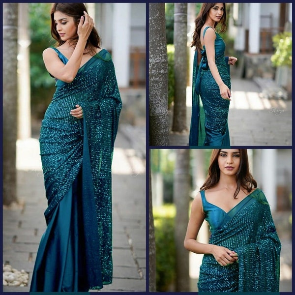 MANISH MALHOTRA Dazzling Heavy Sequins COCKTAIL Georgette Satin Saree for Wedding Partywear Bollywood Trendy Style. 1 minute saree