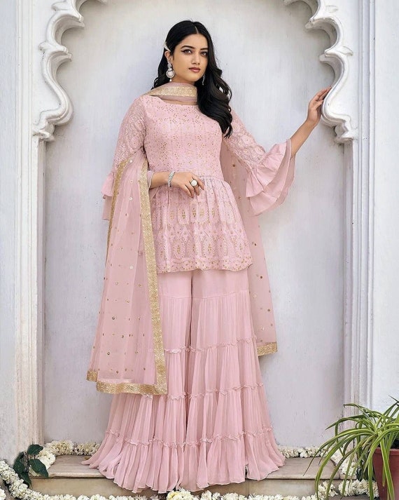 Women Georgette Kurta Palazzo With Heavy Embroidery Work And Georgette Dupatta For Women