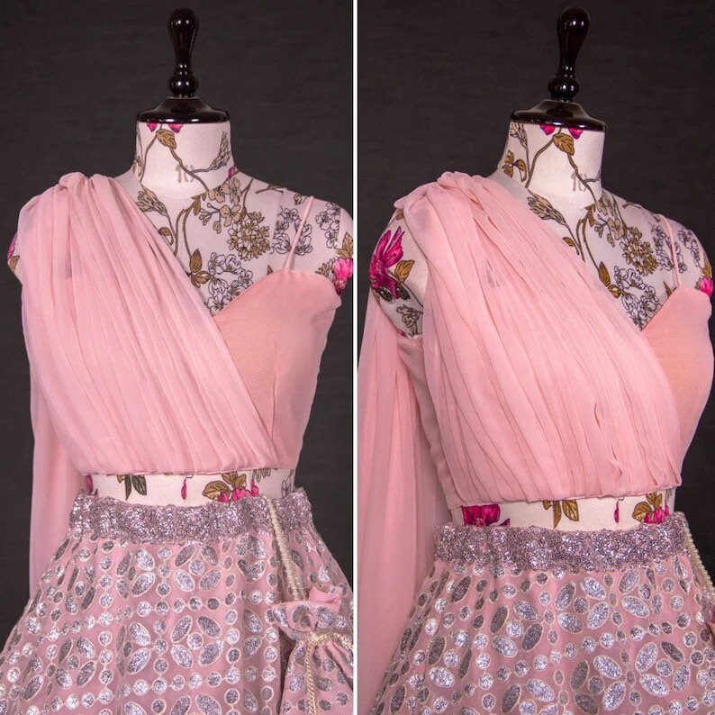 Frill Designed One Shoulder Lehenga Choli with Dupatta
