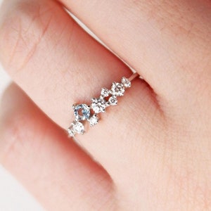 14k Gold Aquamarine Diamond Cluster Ring: Stackable Design