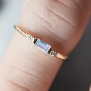 14k Gold Moonstone Ring, 14k Gold Baguette Moonstone Ring, 14k Gold Minimalist Moonstone Diamond Ring, 14k Gold Stacking Moonstone Ring