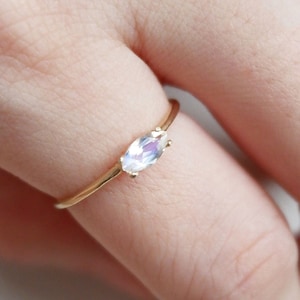 14k Gold Marquise Rainbow Moonstone Ring: Minimalist Stacking Ring