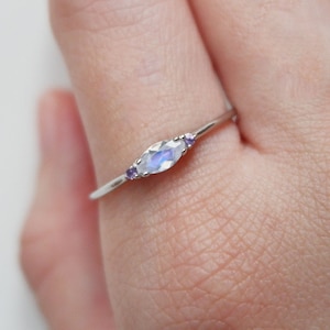 Platinum Moonstone Ring, Marquise Moonstone Amethyst Ring, Platinum Minimalist Moonstone Ring Stackable Dainty Rainbow Moonstone Ring