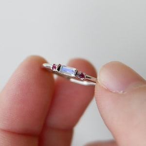 14k Gold Moonstone Ring, Baguette Moonstone Ring, Minimalist Moonstone Ring, 14k Gold Stacking Moonstone Ruby Ring, 14k Two Stones Ring