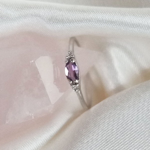 Platinum Amethyst Ring, Marquise Amethyst Diamond Ring, Platinum Minimalist Amethyst Ring, Stacking Amethyst Ring, PT Marquise Amethyst Ring