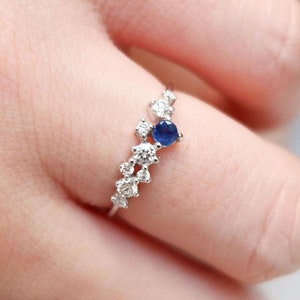14k Gold Sapphire Diamond Cluster Ring: Stackable Band