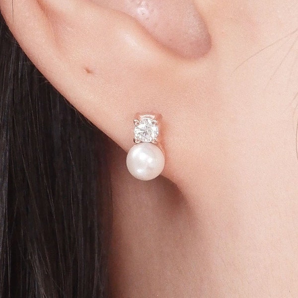 Petite Bridal earrings bridesmaid gift wedding jewelry, Diamond Pearl Earrings Freshwater Pearl Earrings Diamond Natural Pearl Stud Earrings