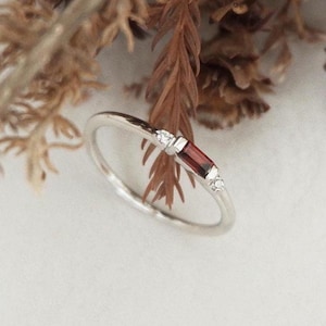 Red Garnet Birthstone Ring, Baguette Garnet Diamond Gemstone Ring, 925 Silver Minimalist Gemstone Ring, Gift For Her, January Birthday Gift