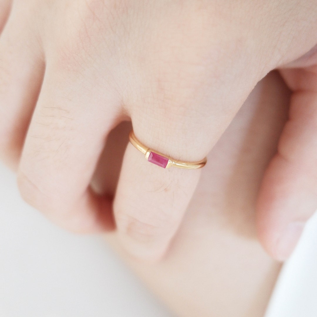 14k Gold Baguette Ruby Ring: Dainty Stacking Ring - Etsy