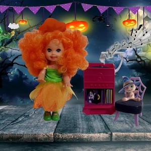 Vintage Disney Jr. &quot;Vampirina&quot; Scare B&B Phonograph and Chair Set and Barbie&#39;s &quot;Kelly&quot; Halloween Pumpkin Doll