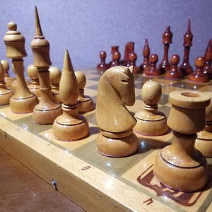 Handmade chess set, made and painted by hand, chess pieces from the Ukraine, big chess pieces 1980s