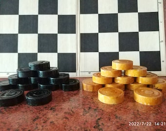 Soviet vintage wooden pieces checkers set, Vintage checkers set  Checkers Russian draughts Checkers
