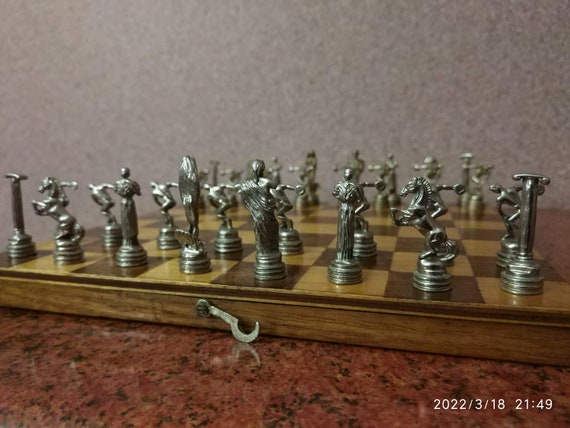 Metalen mini schaakspel met houten plank Etsy Nederland