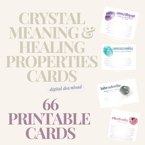 May include: A digital download of 66 printable cards with information about the meaning and healing properties of crystals. The cards feature images of amethyst, amazonite, labradorite, and rhodonite crystals.