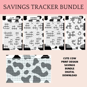 May include: A printable savings tracker bundle with a cute cow print design. The bundle includes four different savings challenges: a 50p savings challenge, a $1 savings challenge, a $2 savings challenge, and a 52-week envelope savings challenge.
