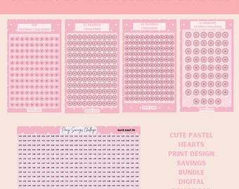 May include: A printable savings tracker bundle with a cute pastel hearts design. The bundle includes four different savings challenges: $0.01, $1, $2, and a 12-envelope savings challenge. The total amount you can save with this bundle is $467.95.