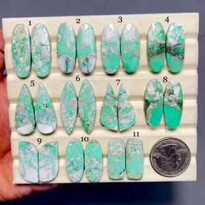May include: A collection of eleven polished gemstones in various shapes, including ovals, teardrops, and rectangles. The stones display a mix of green, white, and gray colors, with visible veining patterns. A US quarter coin is included for size reference.