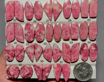 May include: A collection of polished gemstones in various shapes, including ovals, rectangles, and teardrops. The stones are primarily pink with white and gray veining. A US quarter is included for size reference. The gemstones are arranged on a white surface.