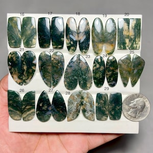 Puede incluir: Una colección de cabujones de ágata musgosa en varias formas, incluyendo óvalos, rectángulos y lágrimas. Las piedras muestran patrones verdes, blancos y marrones. Se incluye una moneda como referencia de tamaño.