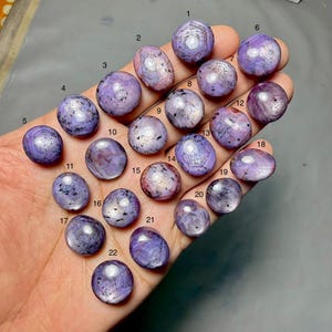 May include: A hand displays a collection of 22 polished, cabochon-cut gemstones. The stones vary in shape and size, with a predominant color of purple and hints of white and pink. Each stone is numbered for identification, showcasing their unique patterns and textures.