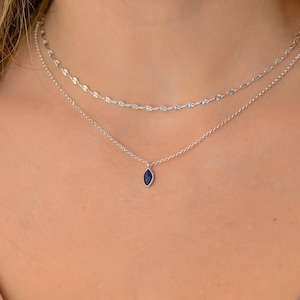 Dainty Double Layer Silver Necklace, Layered Silver Necklace Set, Tiny Sapphire Blue Stone Droplet Necklace, Silver Necklaces for Women