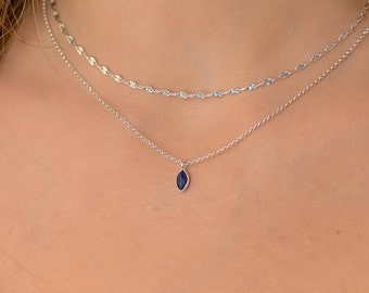 Dainty Double Layer Silver Necklace, Layered Silver Necklace Set, Sapphire Teardrop Birthstone Necklace, Sapphire Birthstone Jewelry