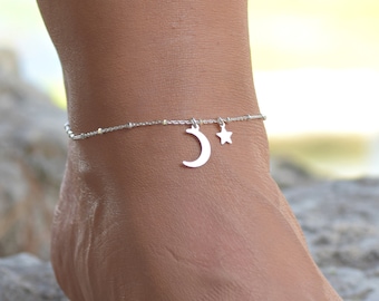 Mån- och stjärnfotlänkar, Silverfotlänkar för kvinnor, Fotlänk, Fotlänk i sterlingsilver för kvinnor, Månfotlänk, Månesmycken