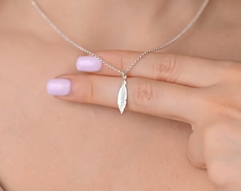 Small Feather Silver Necklace, Dainty Silver Necklace, Sterling Silver Necklaces for Women, Simple Small Feather Silver Pendant Necklace