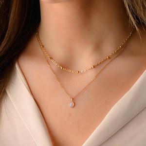 Può includere: Una collana con catena dorata con un piccolo ciondolo a forma di lacrima con una pietra di opale bianca.