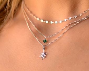 Collar de 3 capas de plata, collar en capas, juego de collares con colgante de sol en capas, collares de múltiples hebras para mujeres, juego de collares delicados de plata