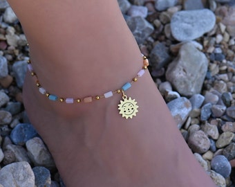 Gold Sun Anklet, Gold Anklets for Women, Beach Anklet Beaded Chain, Gold Boho Anklet, Ankle Bracelet for Women, Summer Jewelry Bead