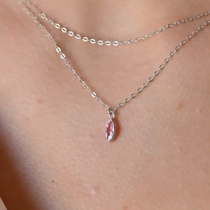 Dainty Double Layer Silver Necklace, Layered Silver Necklace Set, Light Pink Marquise CZ Necklace, Silver Necklaces for Women