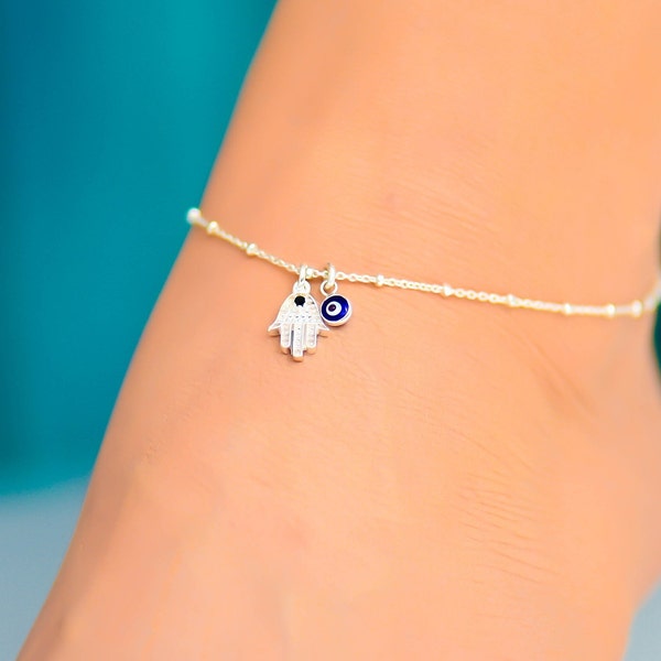 Hamsa Evil Eye Anklet, Anklet, Ankle Bracelet, Anklets for Women Sterling Silver, Boho Anklet, Evil Eye Jewelry