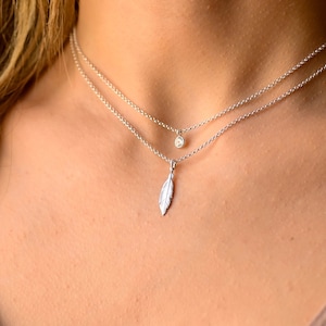 Doppelschichtige Kette Silber Feder Halskette Set, Feder Halsketten für Frauen, geschichtete Silber Feder Halskette Set, Doppelschicht Halskette