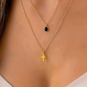 Dainty Layered Small Cross Necklace Set, Cross Necklace Women, Layered Gold Necklace Set, Double Layered Small Cross Necklace