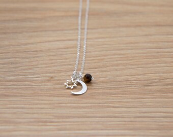 Moon and Star Necklace, Silver Moon Necklace, Moon and Stone