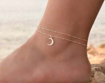 Dainty Silver Moon anklet, Silver Beaded Anklet, Anklet, Crescent Moon Anklet Sterling Silver, Ankle Bracelet, Silver Charm Anklet