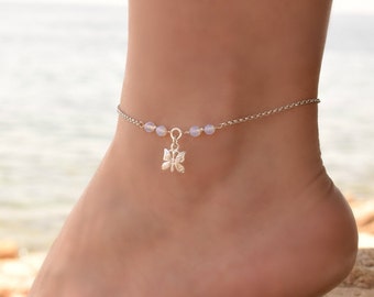 Butterfly Anklet, Anklet, Dainty Moonstone Anklet, Sterling Silver Anklets voor vrouwen, Boho Ankle Bracelet, Ankle Bracelet voor vrouwen