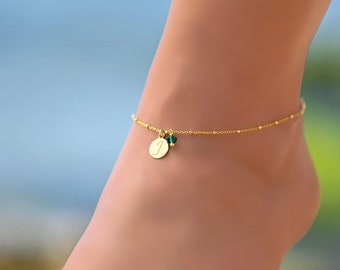Gold Initial Anklet, Anklet,  Ankle Bracelet, Anklets for Women, Swarovski Birthstone Anklet, Boho Anklets for Women