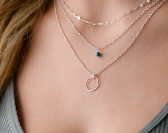 Conjunto de collar de múltiples cadenas de plata en capas, collar de múltiples hebras, conjunto de collar de círculo de plata en capas, collar de plata esterlina para mujeres