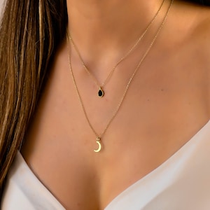 Multilayer Moon Layered Necklace Set, Layered Gold Necklace Set Boho, Black Onyx Stone Necklace, Double Necklaces for Women