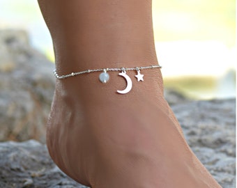 Fotlänk Månstjärna, Fotlänkar för kvinnor, Månfotledsarmband, Stjärnfotledsarmband, Fotledsarmband i sterlingsilver för kvinnor, Månesmycken