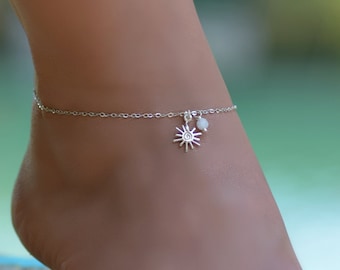 Sun Ankle Bracelet,  Anklet, Sterling Silver Anklet, Anklets for Women, Moonstone Anklet, Sun Anklet, Ankle Bracelet for Women, Boho Anklet