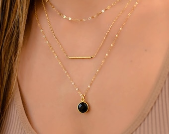 Zwarte onyx ketting, gelaagde ketting, gouden kettingen voor vrouwen, zwarte en gouden ketting, zwarte onyx stenen hanger ketting, onyx sieraden