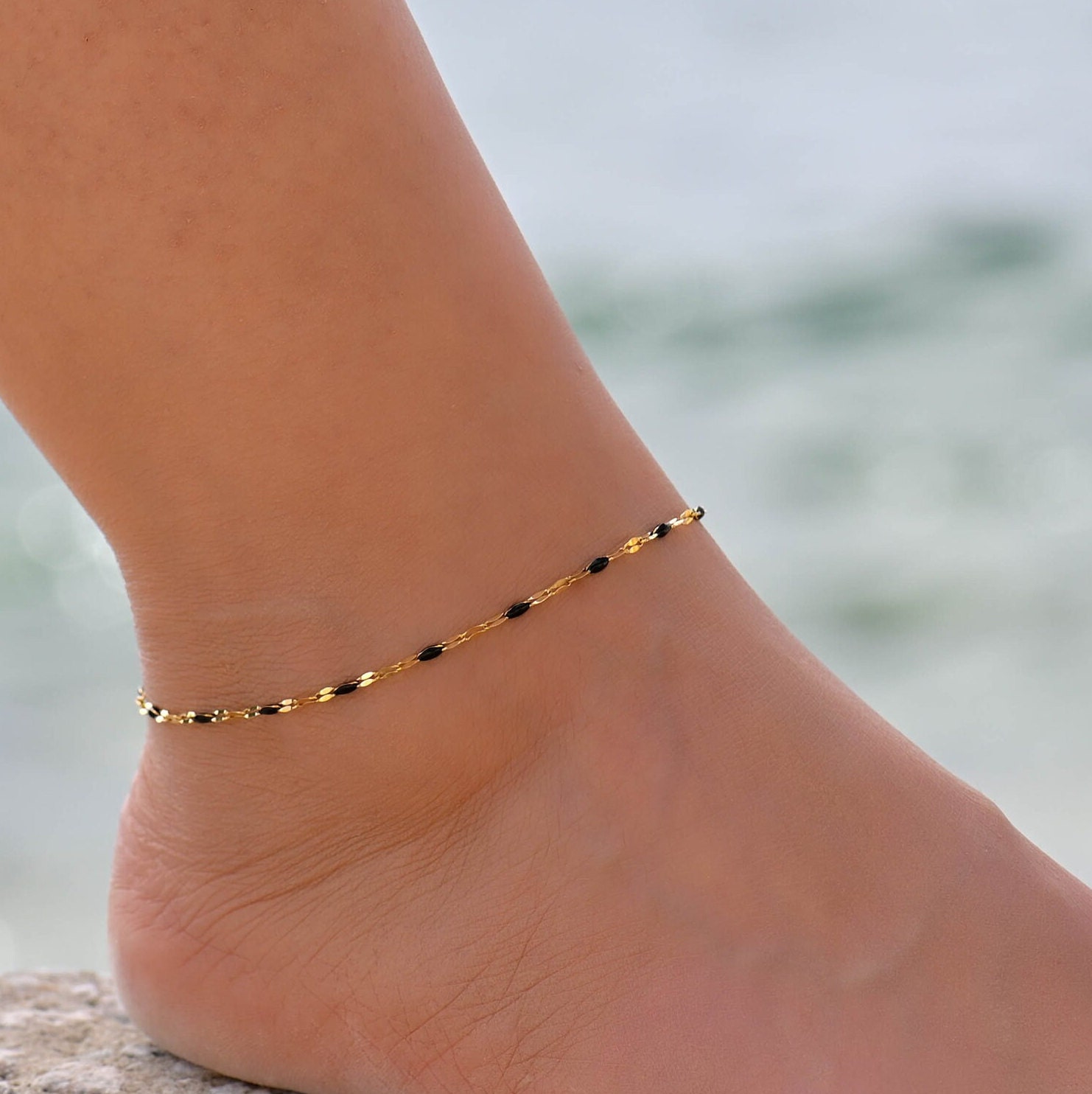 Dainty Black Gold Anklet Set, Gold Anklets for Women, Gold Ankle