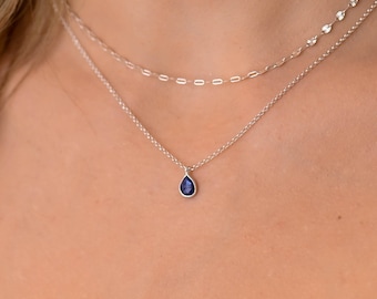 Dainty Double Layered Silver Chain Necklace Set, Silver Layered Necklaces for Women, Layered Small Blue Stone Droplet Pendant Necklace