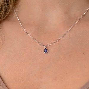 Dainty Sapphire Teardrop Birthstone Necklace, Sapphire Birthstone Jewelry, Sapphire Silver Necklaces for Women, Tiny Stone Necklace