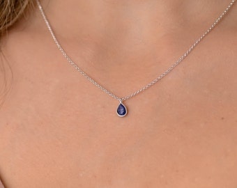 Dainty Sapphire Teardrop Birthstone Silver Necklace, Sapphire Necklaces for Women, Tiny Blue Stone Necklace, Sapphire Birthstone Jewelry