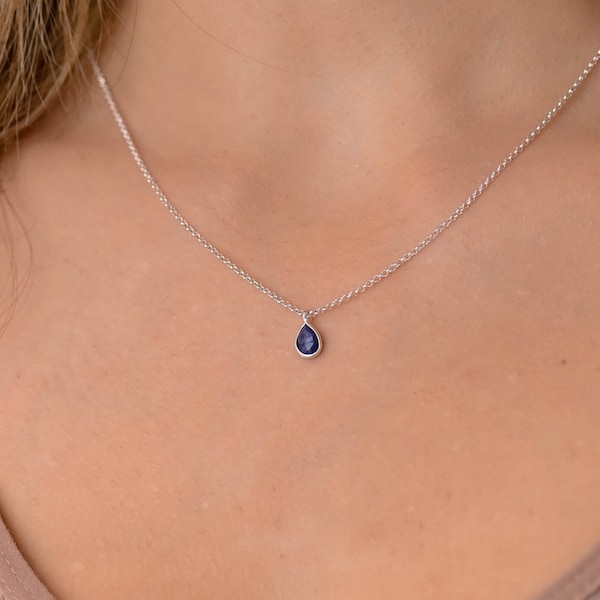 Dainty Sapphire Teardrop Birthstone Silver Necklace, Sapphire Necklaces for Women, Tiny Blue Stone Necklace, Sapphire Birthstone Jewelry